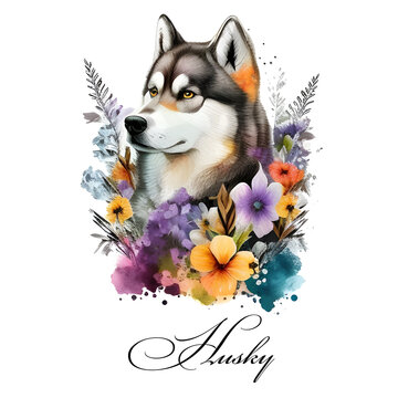 Watercolor illustration of a single dog breed husky with flowers. Guide dog, a disability assistance dog. Watercolor animal collection of dogs. Dog portrait. Illustration of Pet.
