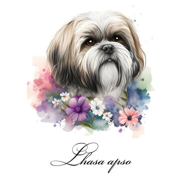 Watercolor illustration of a single dog breed lhasa apso with flowers. Guide dog, a disability assistance dog. Watercolor animal collection of dogs. Dog portrait. Illustration of Pet.