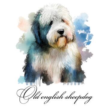 Watercolor illustration of a single dog breed old english sheepdog. Guide dog, a disability assistance dog. Watercolor animal collection of dogs. Dog portrait. Illustration of Pet.