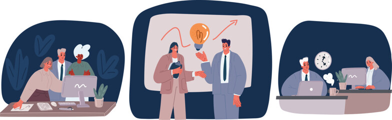 Cartoon vector illustration of Business people characters working in the office. Co-working space. Group of working office employees. Startup, team project, brainstorm, teamwork process