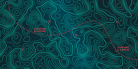 Ocean topographic line map with curvy wave isolines vector illustration. Sea depth topographic landscape surface for nautical radar readings. Cartography texture abstract banner of relief ocean floor.