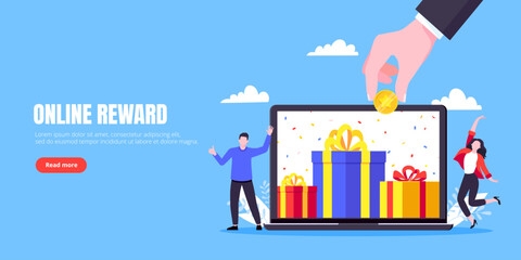 Get online reward and gifts, earn loyalty program points. Get loyalty card and customer service business concept flat design vector illustration. Tiny people with big gift boxes.