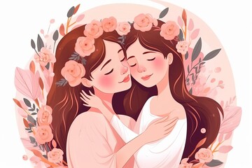 happy mothers day vector, beautiful mother and daughter character hand drawn chibi cartoon art illustration, parent and child with white background, parent and child, mother and baby, Generative AI