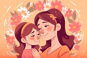 A heartwarming chibi-style cartoon vector illustration for Mother's Day showcasing a loving mother and her daughter hugging each other tightly, mother's day, Generative AI