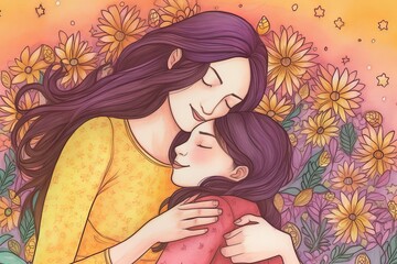 happy mothers day vector, beautiful mother and daughter character hand drawn chibi cartoon art illustration, parent and child with pink background, parent and child, mother and baby, Generative AI