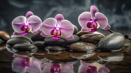 Naklejka na ściany i meble Spa Natural background and pink orchids. generative AI