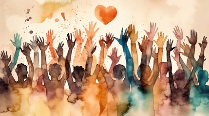 Group of diverse people with arms and hands raised towards hand painted hearts. Charity donation, volunteer work, support, assistance. Multicultural community. People diversity. Generative AI  - obrazy, fototapety, plakaty