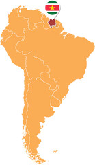 Suriname map in South America, Icons showing Suriname location and flags.