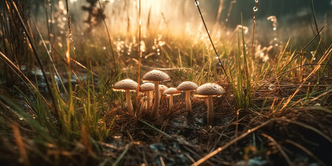 edible armillaria mushrooms in forest on sunny summer day. Generative AI illustration