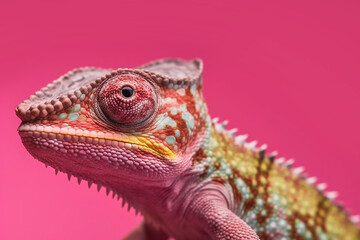 Chameleon on a pink background close-up, created with Generative AI technology.