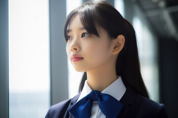 japanese high school student uniform beautiful girl smile and relax. Generative AI - obrazy, fototapety, plakaty