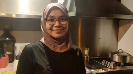Portrait of young asian muslim woman wearing hijab standing in the kitchen. Generative AI