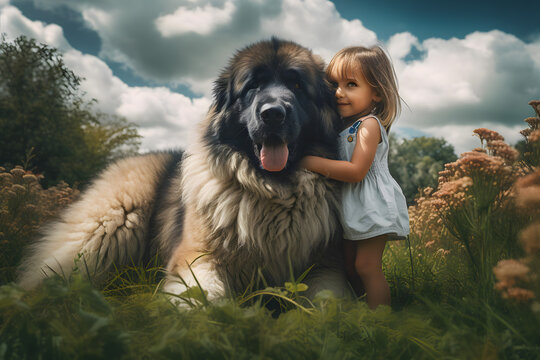 Little cute girl hugging a big fluffy dog, a pet in the yard near the house on the meadow summer time. Generative AI.