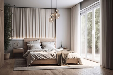 Modern gray bedroom interior, created with Generative AI technology.