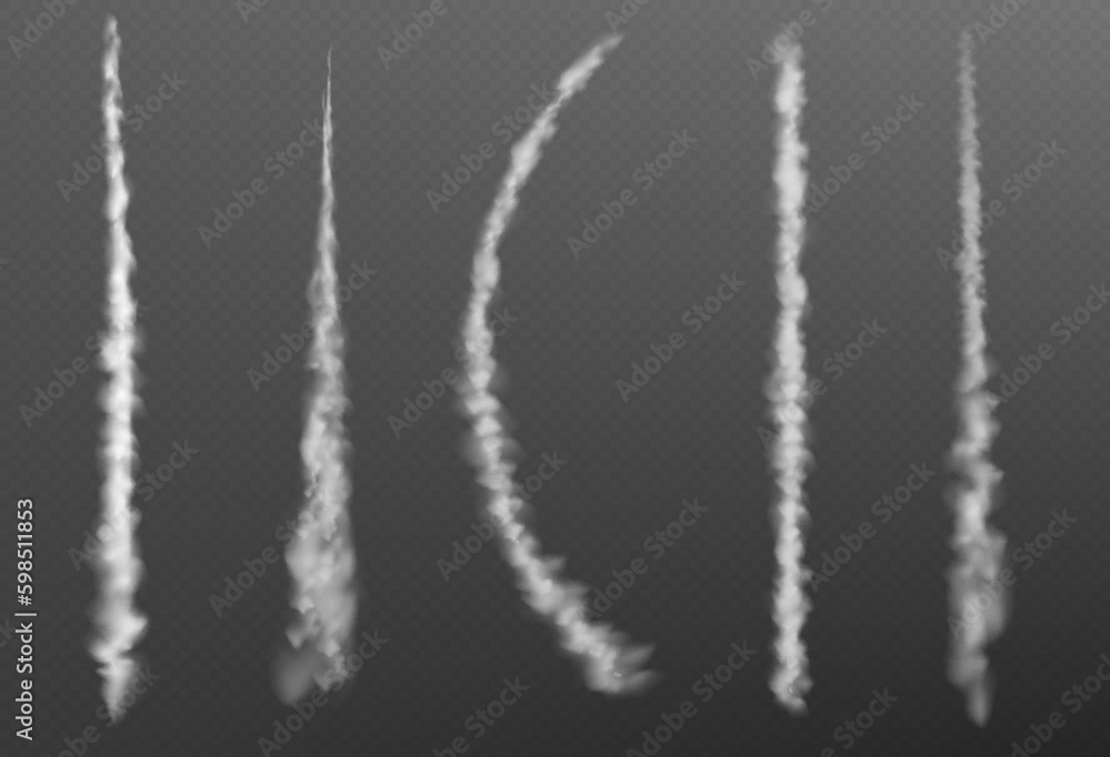 Poster plain smoke trail effect. jet vector white contrail line on transparent background. 3d airplane flig