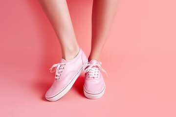 Female legs in pink sneakers on a pink background close-up, created with Generative AI technology.