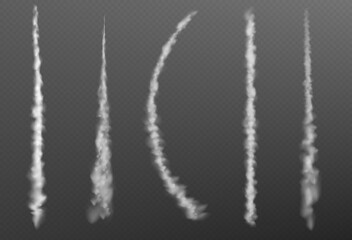 Plain smoke trail effect. Jet vector white contrail line on transparent background. 3d airplane flight speed vapor steam. Realistic aircraft tail flow motion texture. Gas burst curve path trace - obrazy, fototapety, plakaty