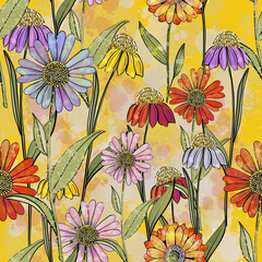 Watercolor wild flowers seamless texture. Bright flowers design print for fabric, paper, wallpaper. Hand drawn, vector wildflowers background. Vibrant floral wallpaper