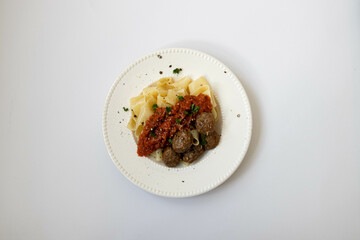 Close up Traditional  Italian Pasta , Pappardelle , Bolognese with Meat Balls 