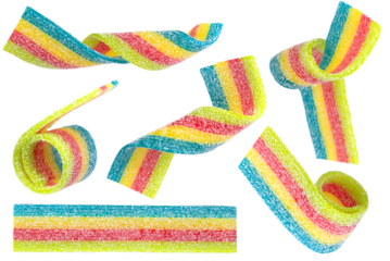 Set of colored jelly candy strips in sugar sprinkles isolated on transparent background.