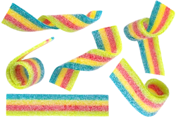 Foto auf Alu-Dibond Set of colored jelly candy strips in sugar sprinkles isolated on transparent background. © Olexandra
