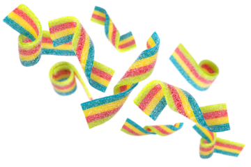Levitation of colored jelly candy strips in sugar sprinkles isolated on transparent background.