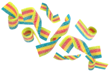 Foto auf Acrylglas Levitation of colored jelly candy strips in sugar sprinkles isolated on transparent background. © Olexandra
