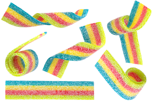 Set of colored jelly candy strips in sugar sprinkles isolated on transparent background.