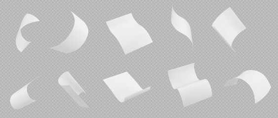 3d isolated fly white paper sheet. Fall document page on transparent background in vector. Realistic office paperwork piece set falling down. Bent and curl A4 scatter away on wind mockup clipart © klyaksun