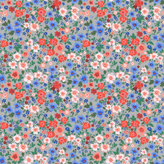 Seamless pattern. Vector flower design with cute wildflowers. Romantic abstract floral pattern on a gray background. Illustrations of spring nature in bright red and blue tones.
