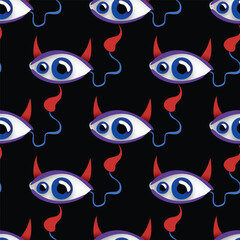 Seamless Pattern with Psyhodelical Print with Surreal Devil Eye. Surreal Design on Black. Pop Art Cartoon Style with Stains. Endless Texture. Vector 3d Illustration