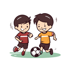 Cute happy little boy playing football soccer cartoon flat character vector illustration