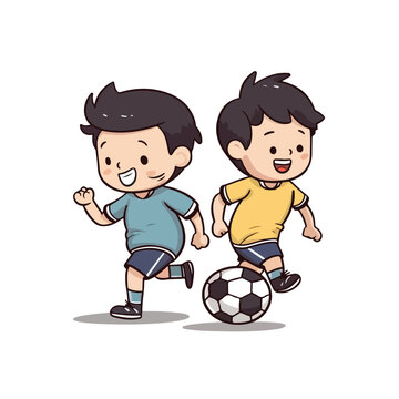 Cute happy little boy playing football soccer cartoon flat character vector illustration