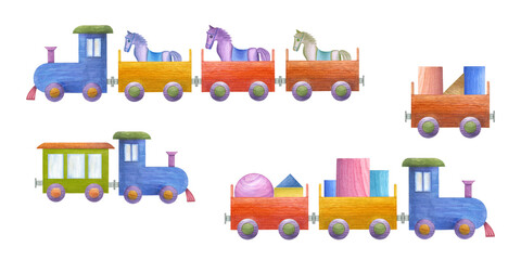 Obraz premium Watercolor set of kid wooden trains, horses, bricks isolated on transparent background. Multicolor illustration for poster, decoration, greeting cards, templates, wallpaper, wrapping.