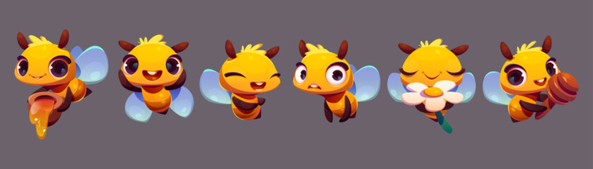 Cute bee emotion expression mascot vector. Cartoon isolated happy and funny character with yummy honey, stick and white flower set. Collection of adorable little honeybee insect icon with wings
