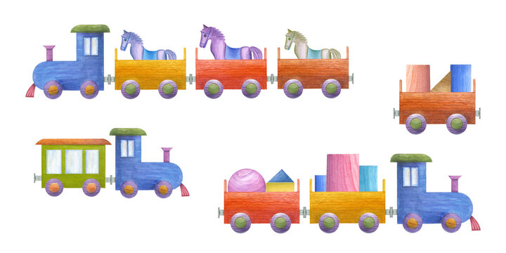 Watercolor set of kid wooden trains, horses, bricks isolated on transparent background. Multicolor illustration for poster, decoration, greeting cards, templates, wallpaper, wrapping.