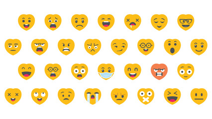 Vector love shape emoji faces with various emotions cartoon characters flat design