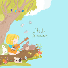 Cartoon Little Girl playing Guitar with Animals in the Forest