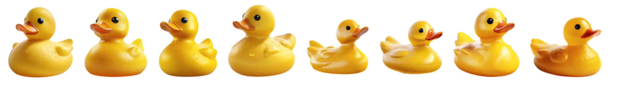 A set of eight beautiful yellow rubber ducks on a transparent background, Generative AI
