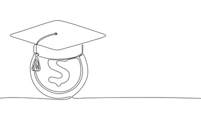 Graduation cap on coin, one line continuous illustration. Line art graduation, cost education vector.