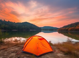 tourist lit tent by the lake at sunset. Dramatic sky. Orange lit inside the tent and a fire over the misty river at sunset. Dramatic sunset. Summer landscape. created with Generative AI technology