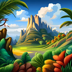 Tropical landscape with mountains and palm trees. Vector illustration.