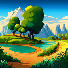 Vector illustration of a beautiful landscape with a river and green trees.