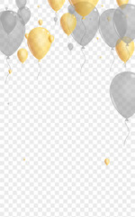 Gold Baloon Background Transparent Vector. Helium Birthday Banner.  Gold Light Surprise. Gray Fun Helium.