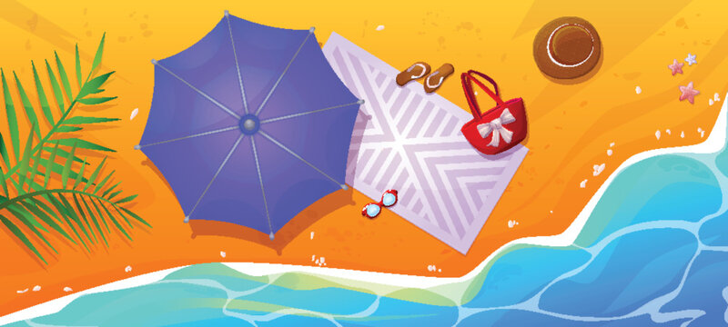 Beach top view with umbrella on sand near sea vector background for summer holiday illustration. Towel, bag, sunglasses and hat for travel to ocean. Tropical leisure summertime scene landscape.