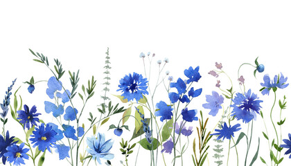Watercolor blue wildflowers seamless border, Botanical liiustration - obrazy, fototapety, plakaty