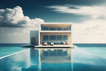 Minimalist White Villa with Pool: A Luxurious Residential Property. Generative AI