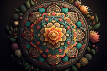 Intricate and Symmetrical Mandala with Easter Themed Elements such as Eggs, Bunnies, and Flowers. Generative AI