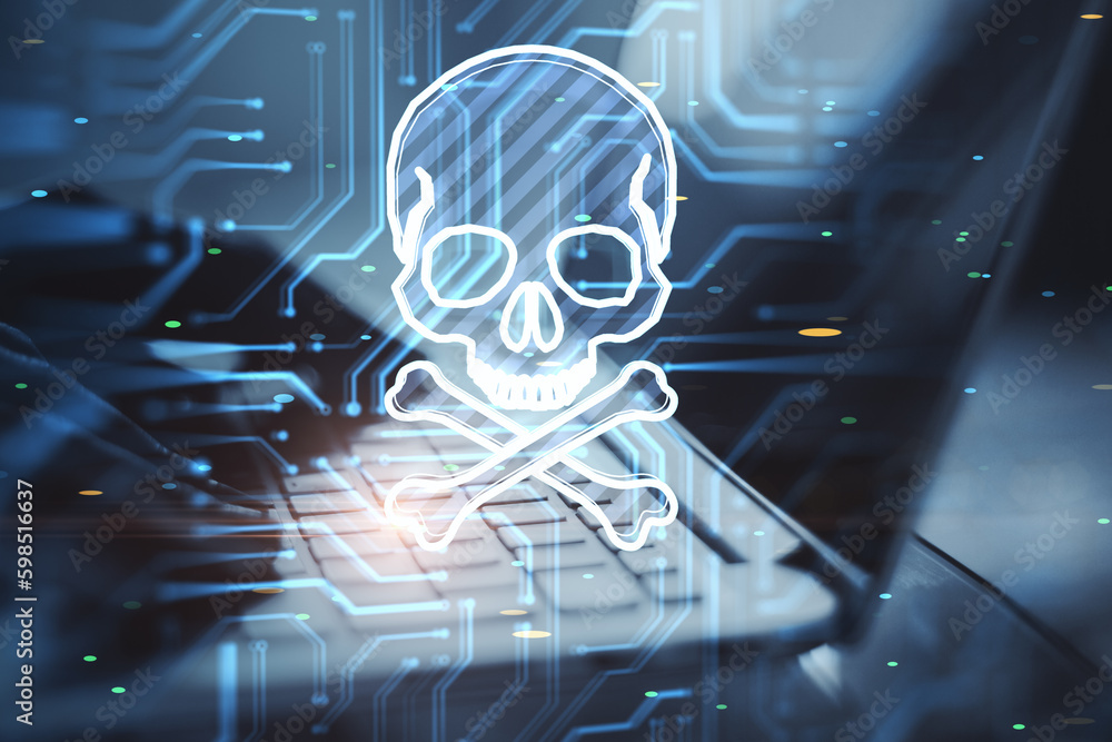 Poster Close up of hands using laptop keyboard with glowing skull hologram on blurry background. Hacker system or cyber attack concept. Double exposure.