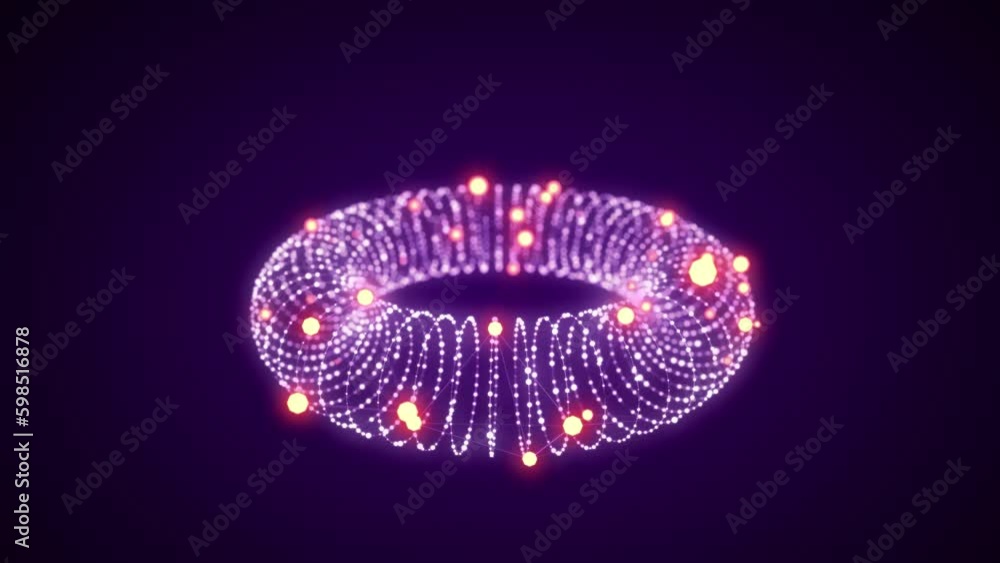 Poster futuristic dynamic wireframe torus on a purple background. the flow of scientific data. futuristic d